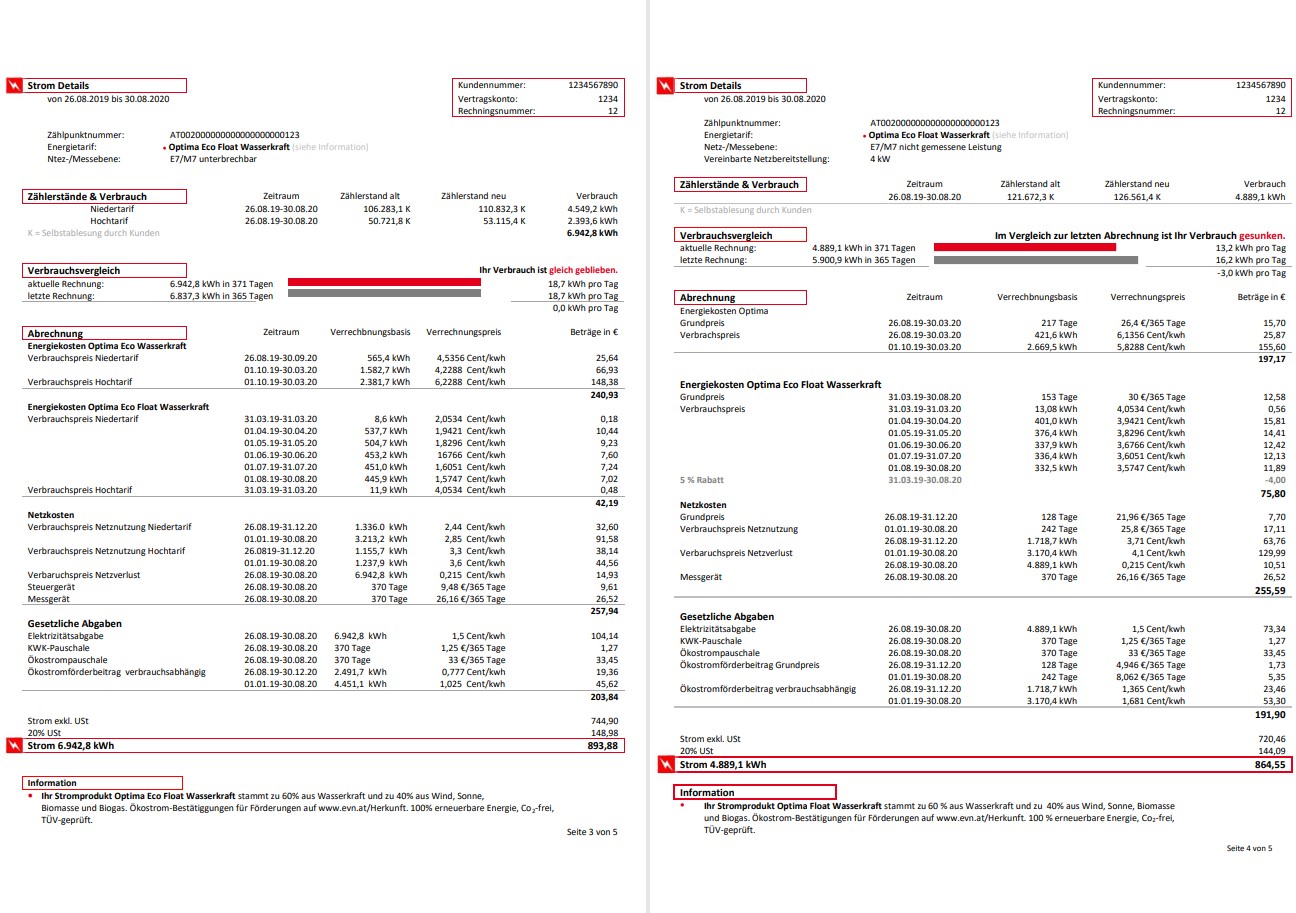 Austria EVN electricity utility bill 5 pages 3 4